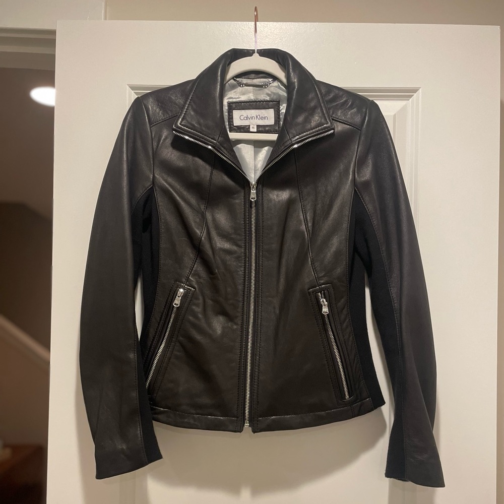 Calvin Klein black leather jacket, size XS